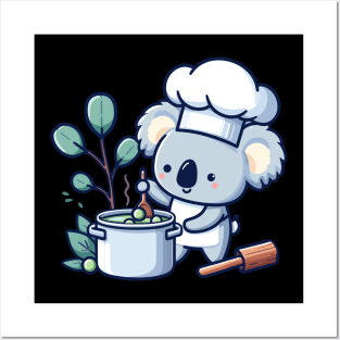 Cute koala chef holding pot with soup, koala bear cooking illustration, koala lover chef design Posters and Art